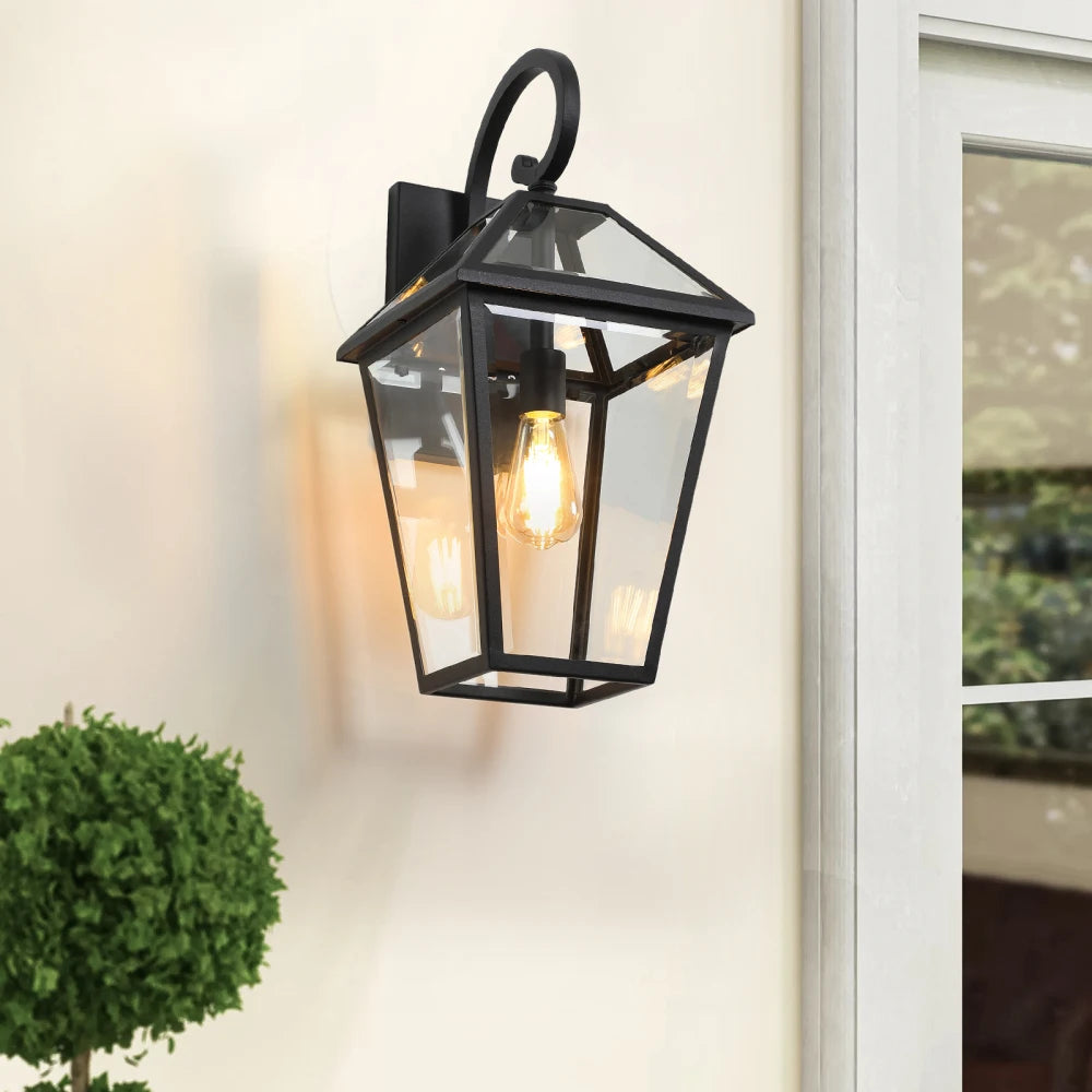 21"(H) 2-Pack Outdoor Wall Lantern Light – Modern Black Metal & Clear Glass Sconce for Porch, Patio (Bulb Not Included)