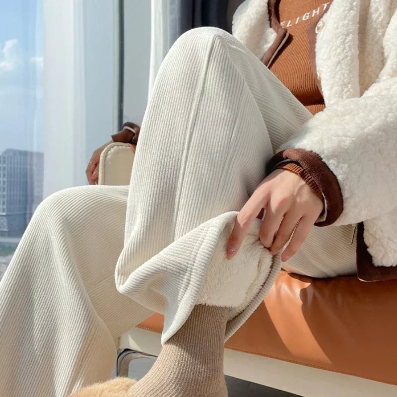 Winter Fleece Thickened High Waist Warm Trousers for Women Solid Color Loose Elastic Waist Straight Casual Pants