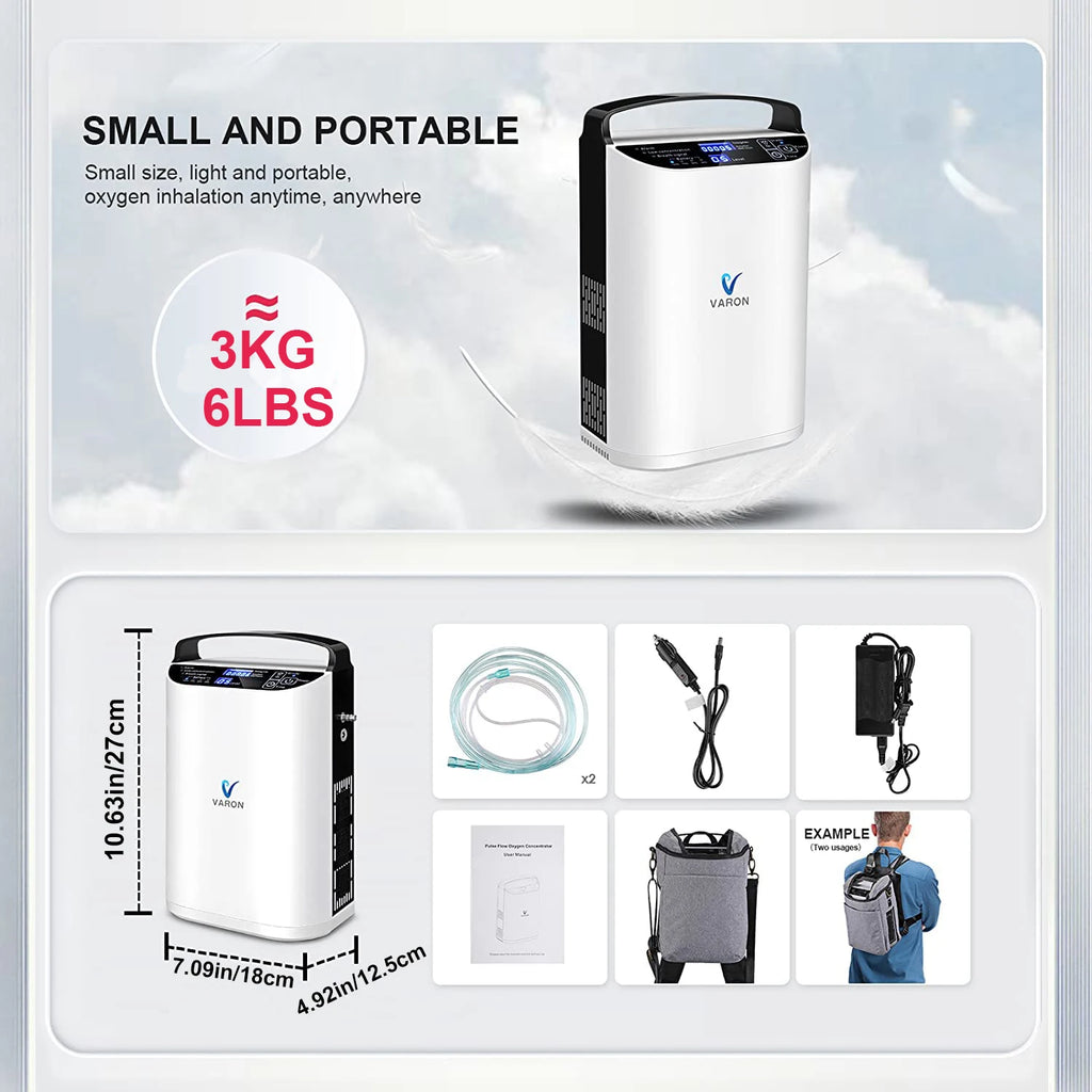 Varon 5L Pulse Flow Portable 0xy-gen Concentrator Air Purifier with Battery Rechargeable Outdoor Car Travel Use 110-240V Instcok