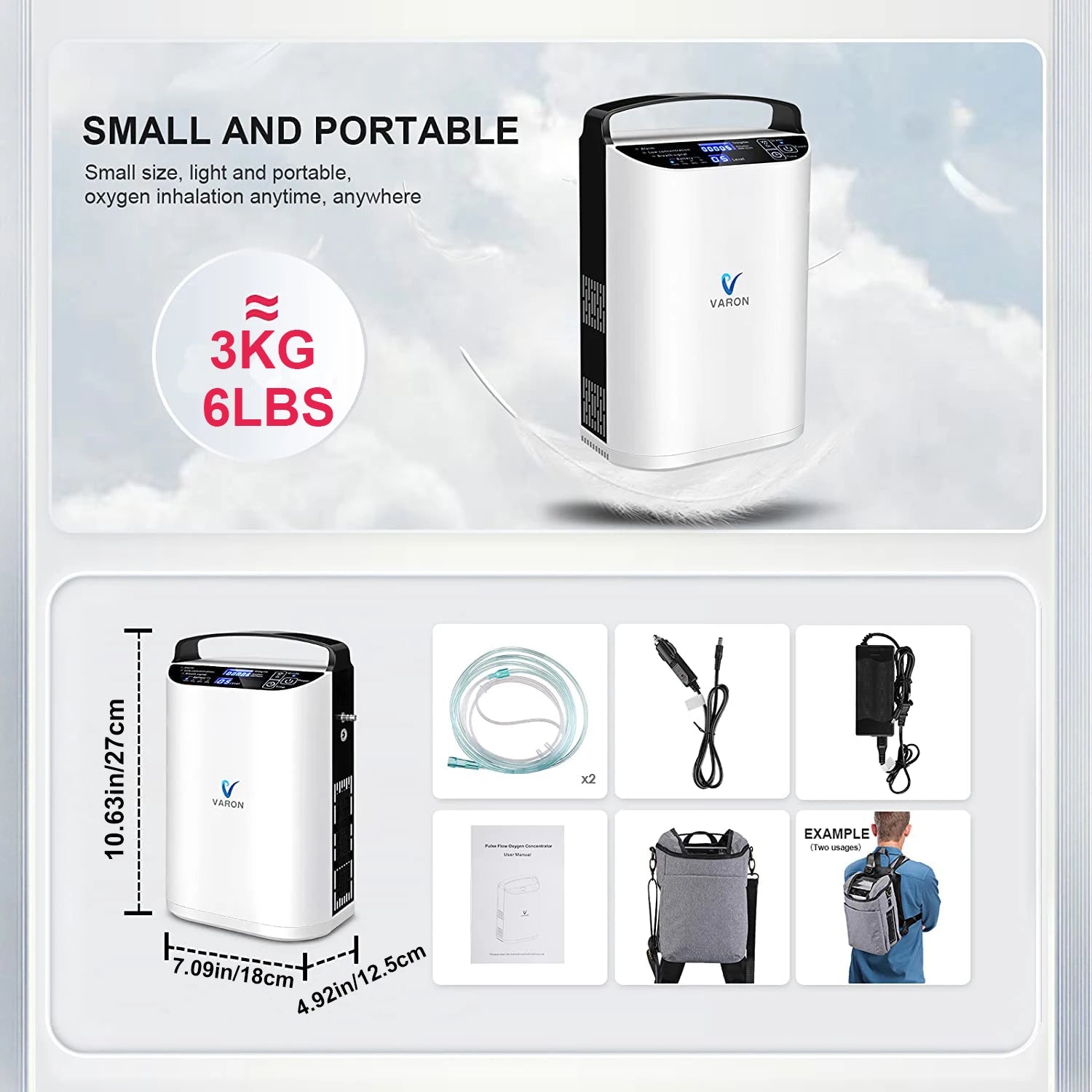 Varon 5L Pulse Flow Portable 0xy-gen Concentrator Air Purifier with Battery Rechargeable Outdoor Car Travel Use 110-240V Instcok