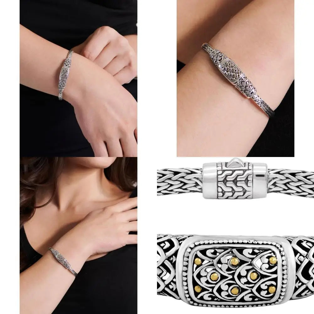 Sterling Silver 925 Bali Dragon Bone Tulang Naga Borobudur Wheat Paddy Chain Bracelet