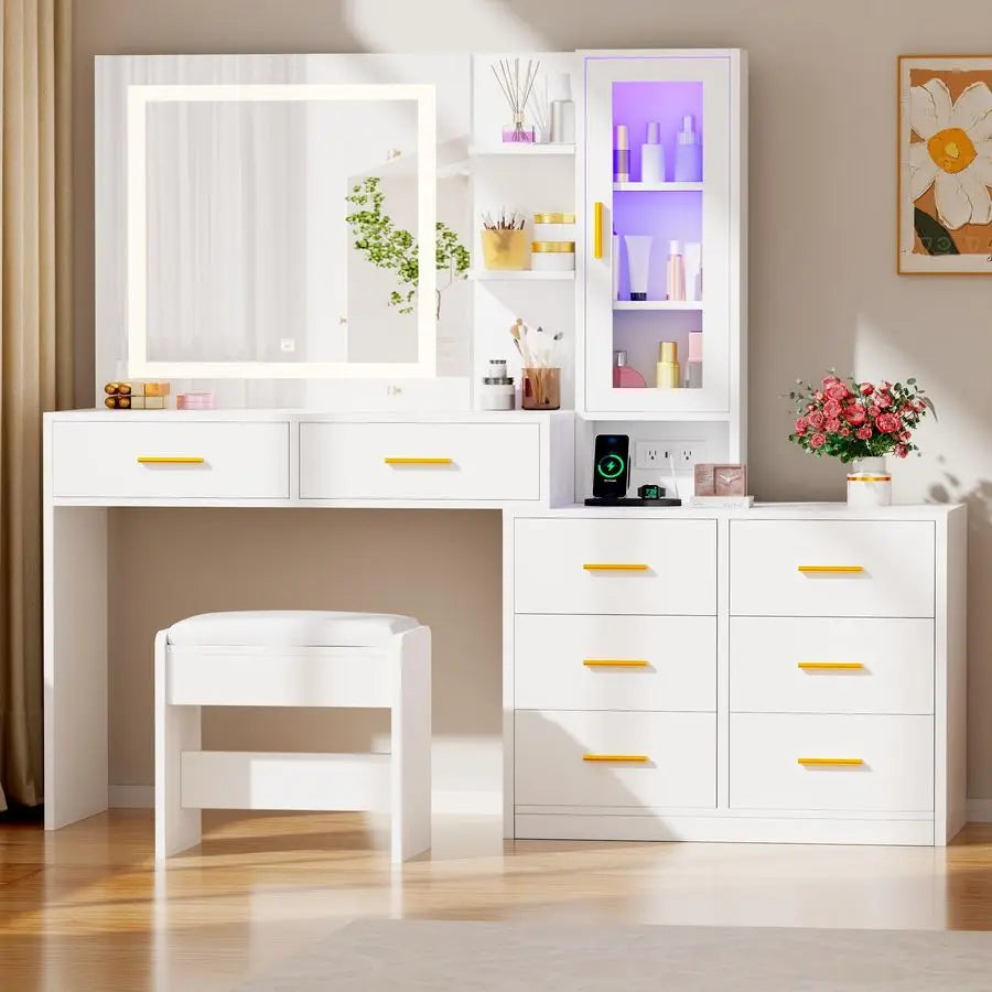 51.8 Vanity Desk with Mirror and Lights Makeup Vanity Desk with Lights 3 Colors Large White Vanity Dresser RGB 8 Drawers with Ch