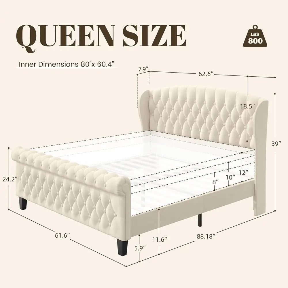 Queen Bed Frame, Velvet Upholstered Sleigh Bed with Wingback Headboard & Scrolled Footboard, No Box Spring Needed, Sturdy Suppor