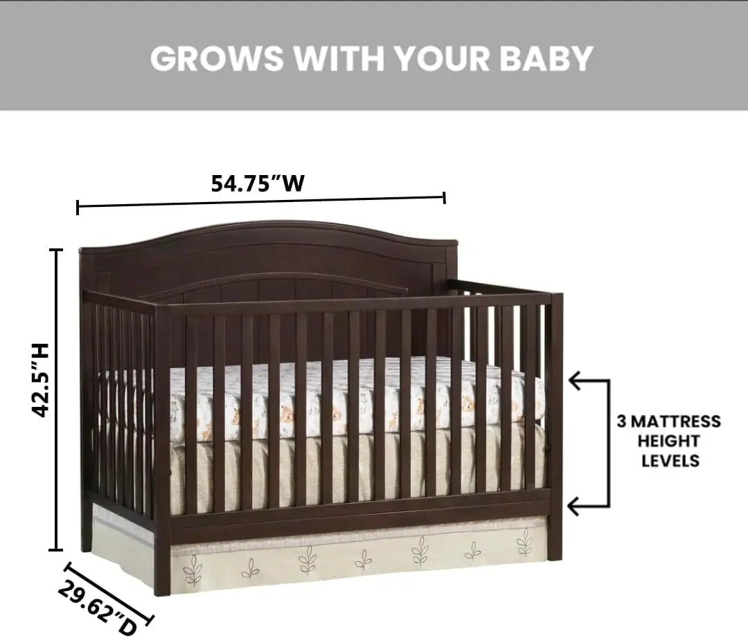 4-in-1 Convertible Crib, Espresso Brown Finish, Greenguard Gold Certified Baby Crib to Toddler Bed Conversion