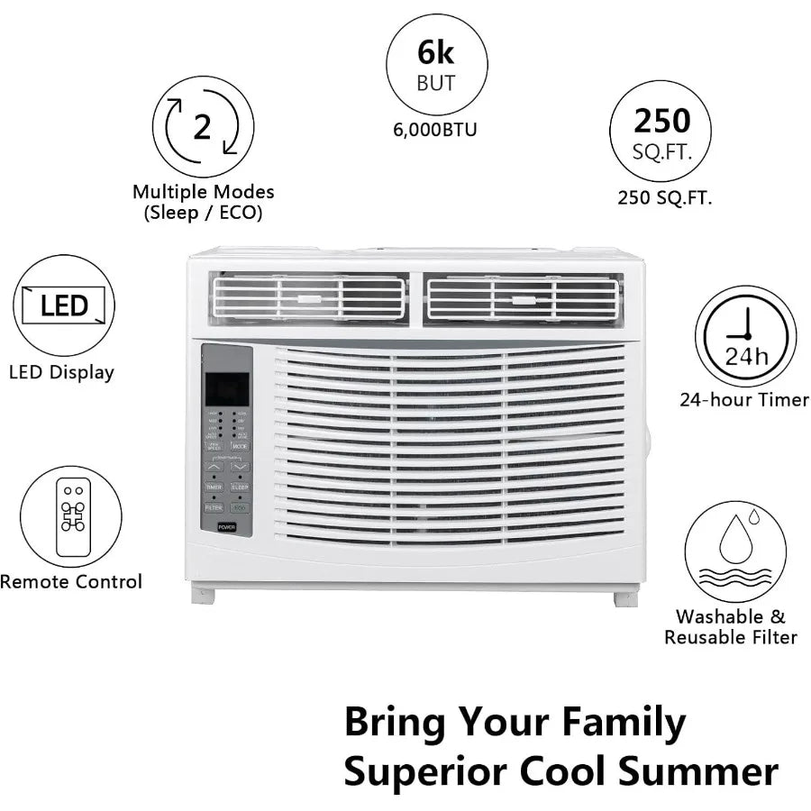 6000 BTU Window Air Conditioner 3in1 AC Unit for Window Works As Cooler Dehumidifier Fan with Timer Sleep ECO Mode Installation