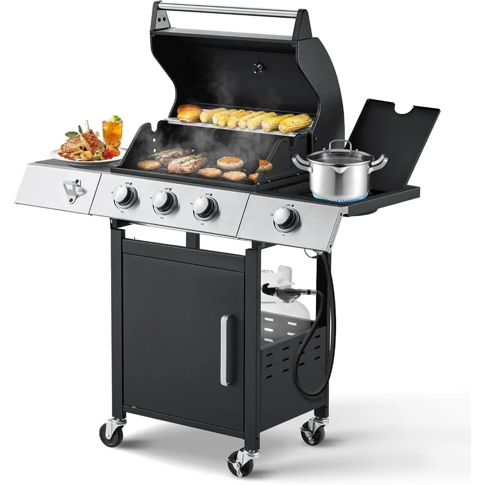 Stainless Steel 36,000 BTU Propane Grill with 3 Burners, Cast Iron Grates, and Side Shelf BBQ Barbecue