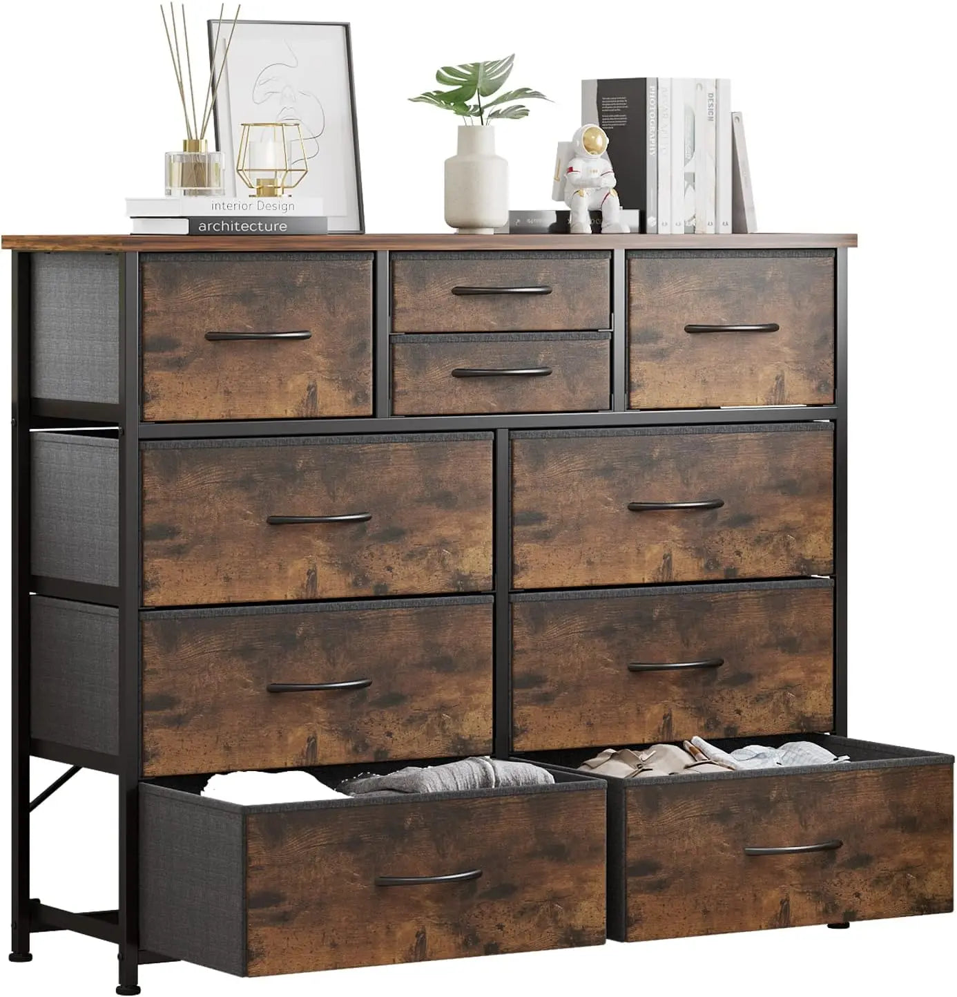 10-Drawer Fabric Storage Dresser with Steel Frame and Wood Top, Rustic Brown for Bedroom or Hallway