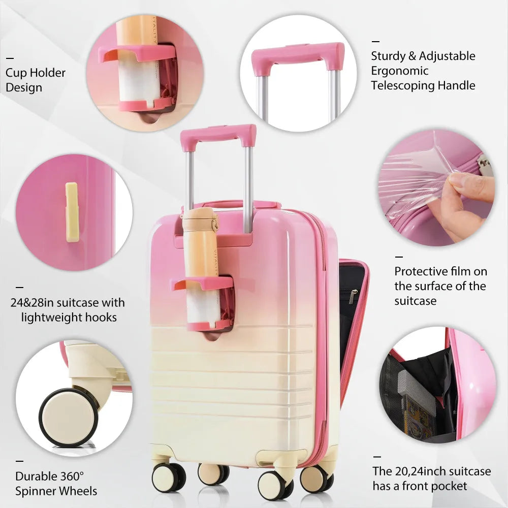 Luggage Set of 3 20 24 28inch with USB Port 20 24inch with Front Opening Design Airline Certified Carry on Luggage Cup Holder