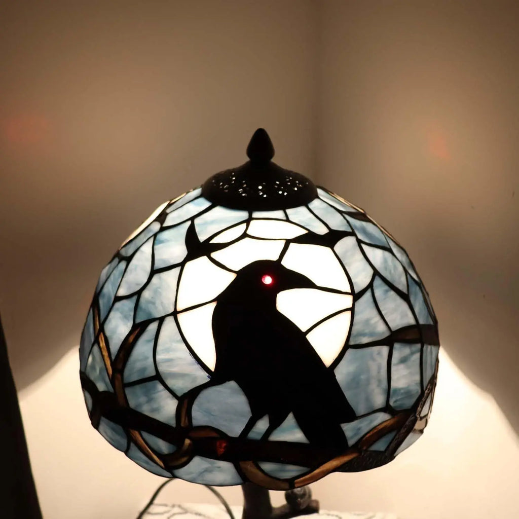 Raven on Tree Branch Moonlight Tiffany Stained Glass Table Lamp Home Decor Dark Blue 12Wx20H