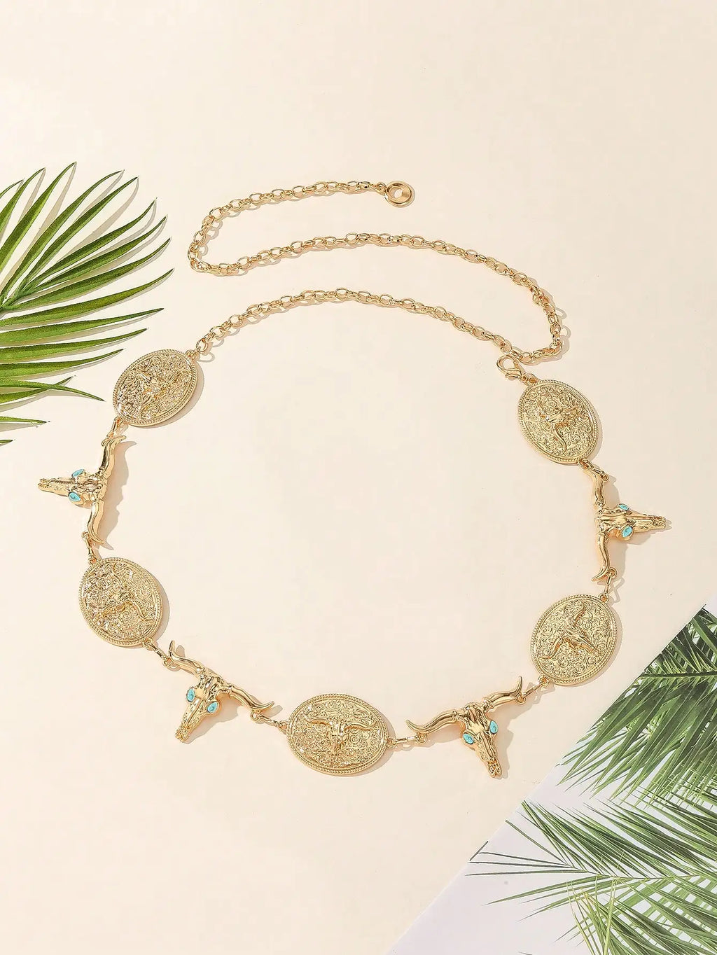 Boho Western Turquoise Bull Head Chain Waist Belt for Women, Adjustable Fashion Accessory for Summer Fall Halloween