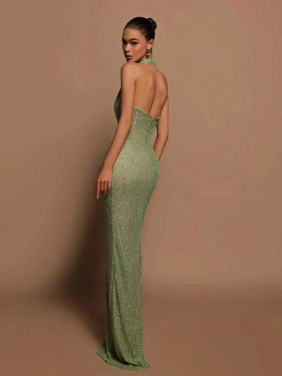 Elegant Halter Deep V Neck Sequin Maxi Dress for Evening Parties