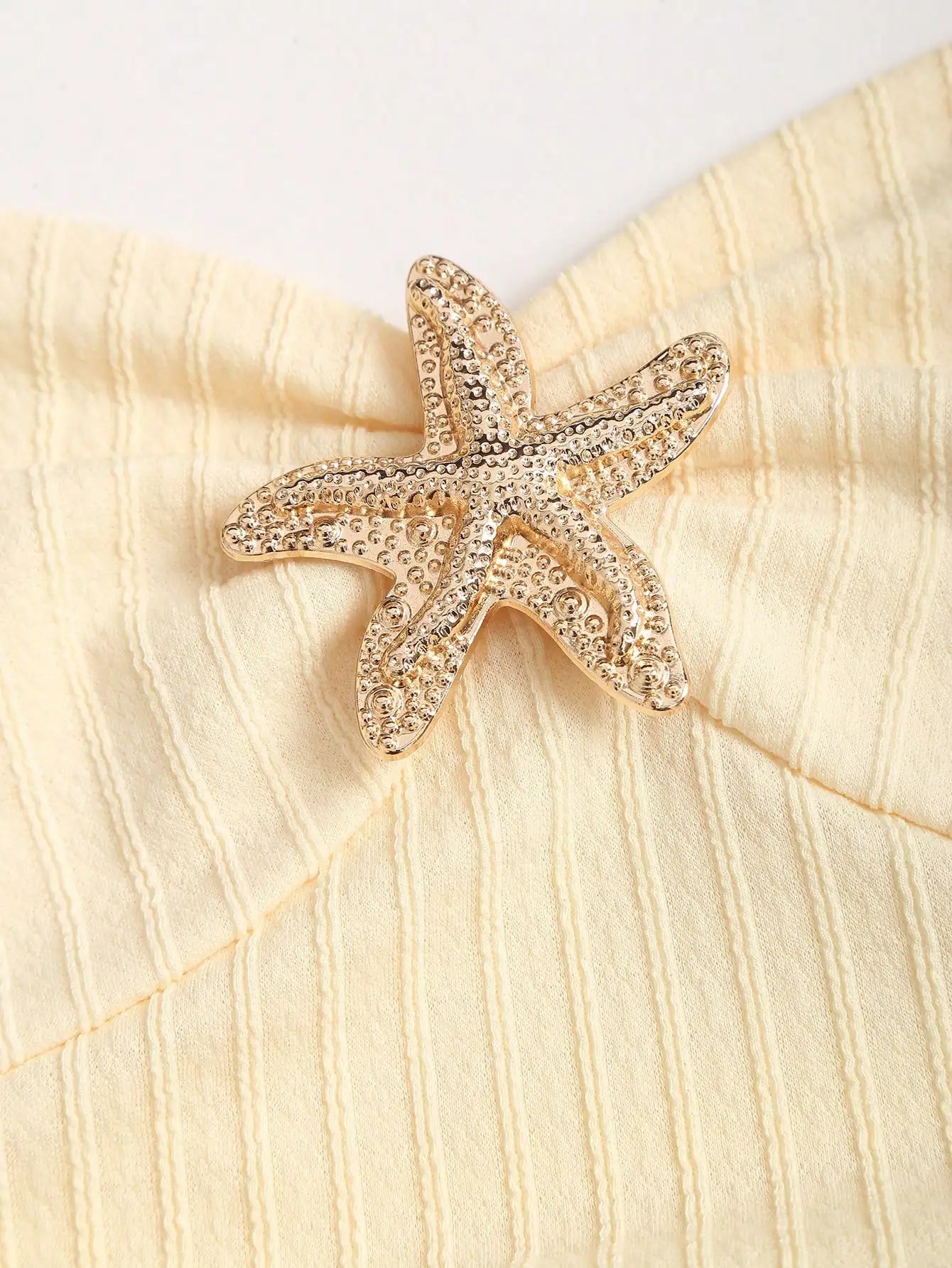 Cream Halter Mini Dress with Starfish Embellishment, Ruched Bodice & Tiered Ruffle Hem for Beach Vacation