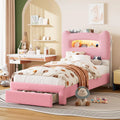 Upholstered Full Bed Frame with 2-Tier Storage Headboard, LED Platform Bed with Charging Station and Drawer for Kids/Girls/Boys,