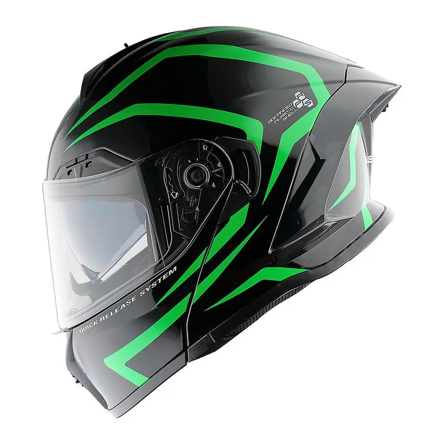 New Motorcycle Bike Modular Full Face Helmet Dual Visor Sun Shield with Rechargeable LED Tail Light LEDX90 Arrow Green