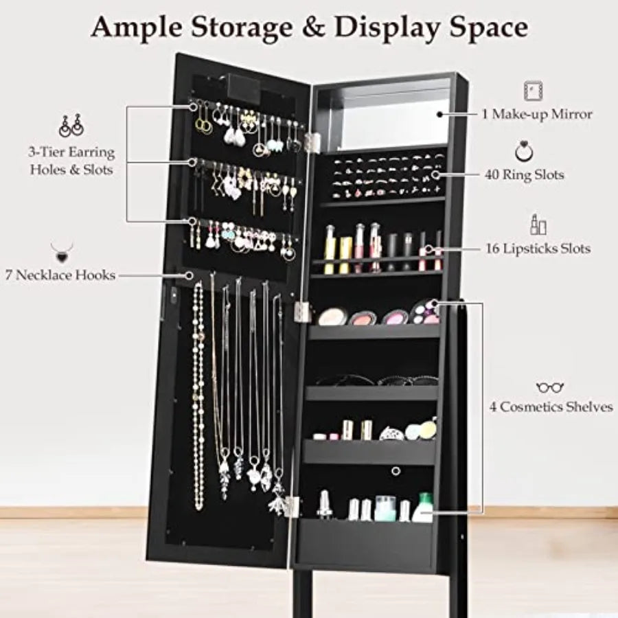 Jewelry Armoire with 18 LED Lights Standing Jewelry Organizer with Full-length Mirror and Built-In Mirror Large Capacity Jewelr
