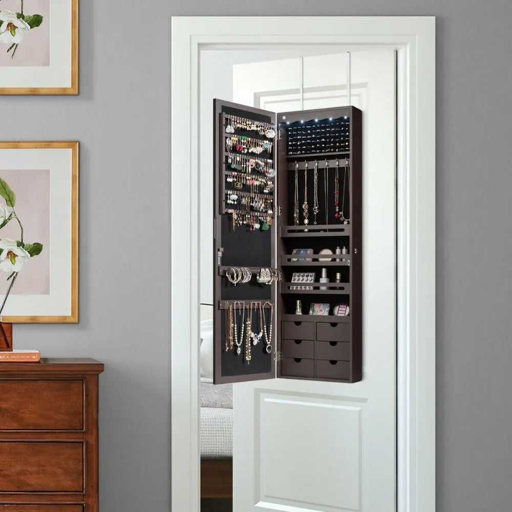 Lockable Wall Door Mounted Jewelry Cabinet LED Mirror Brown