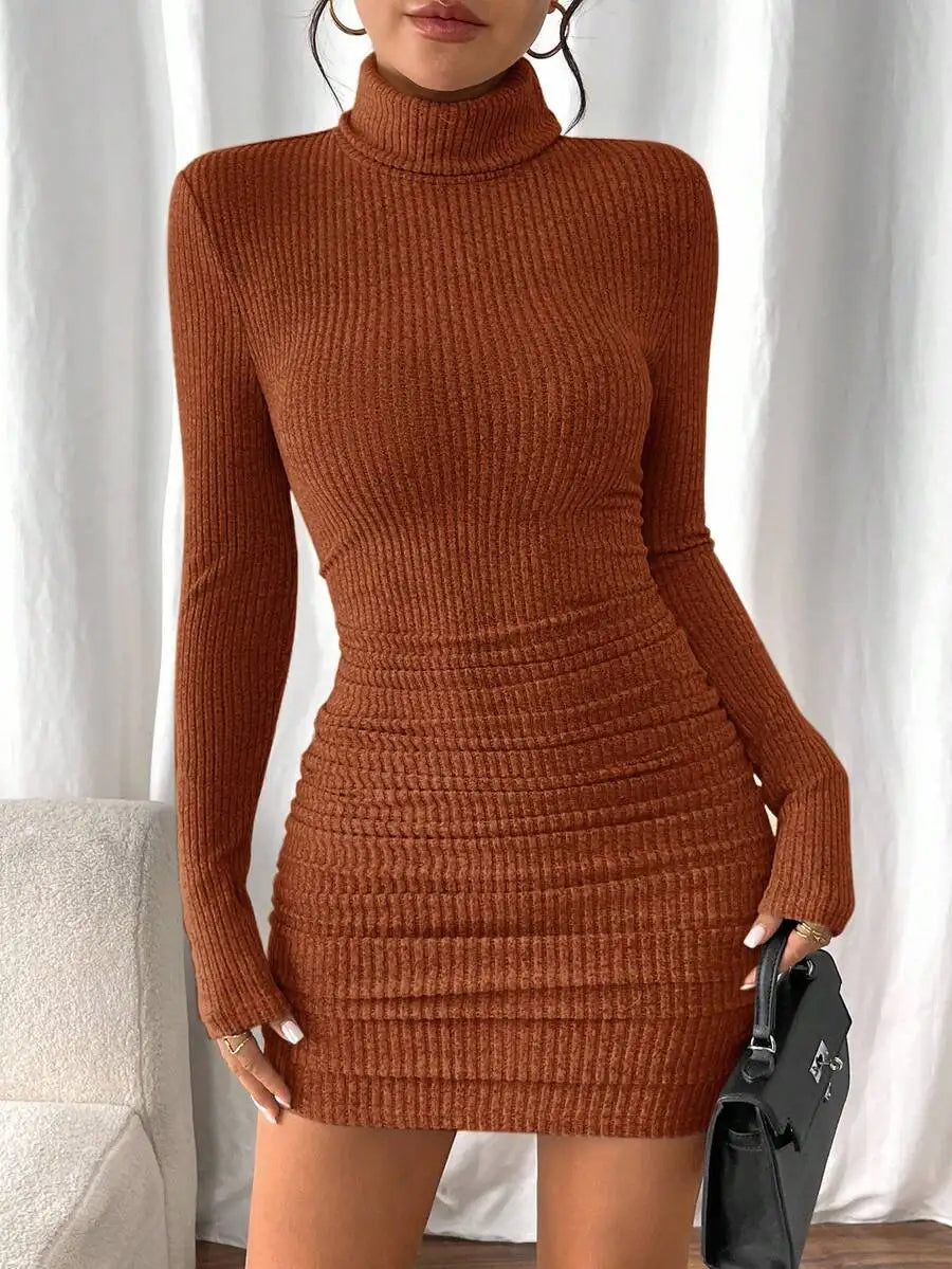 Women's Ribbed Knit Turtleneck Long Sleeve Bodycon Mini Dress
