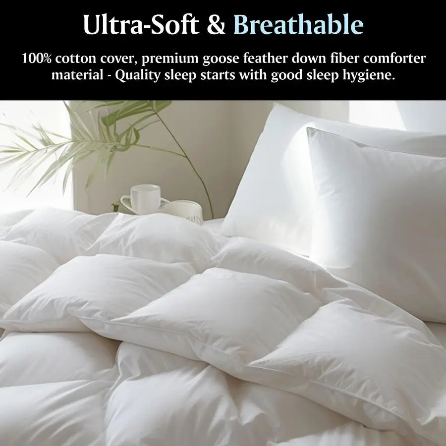 Goose Feather Down Fiber Comforter Queen Full Size All Season, Hotel Collection Fluffy 100 Cotton Cover Duvet Insert, Medium War