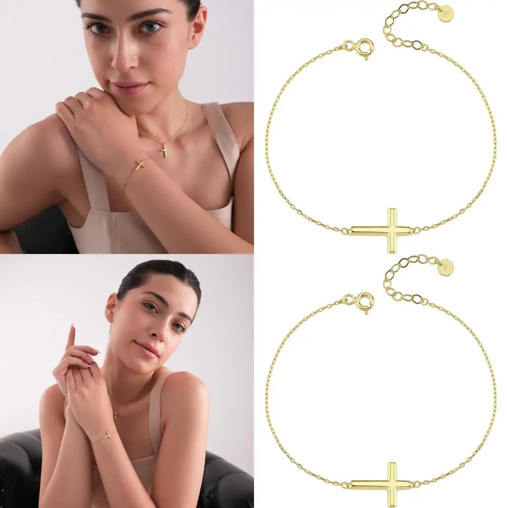 14K Gold-Plated Women's Sideways Cross Bracelet - CZ-Studded Dainty Christian Jewelry, Perfect Religious Gift for Baptism and Sp