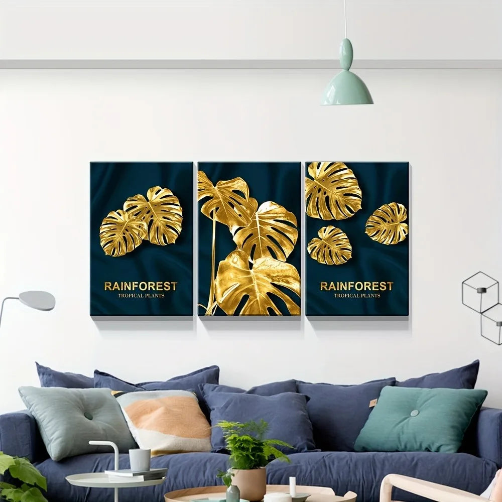 Abstract gold plant leaf wall painting, modern style painting art deco 1.5 inch thick pine solid wood frame