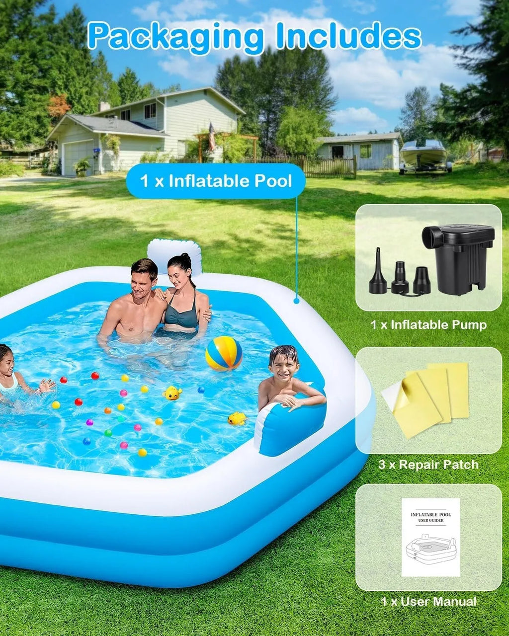 Outdoor Hot Tubs Inflatable Pool for Adults 77 by 71 by 22 Large Blow Up Pool with Pump Oversized