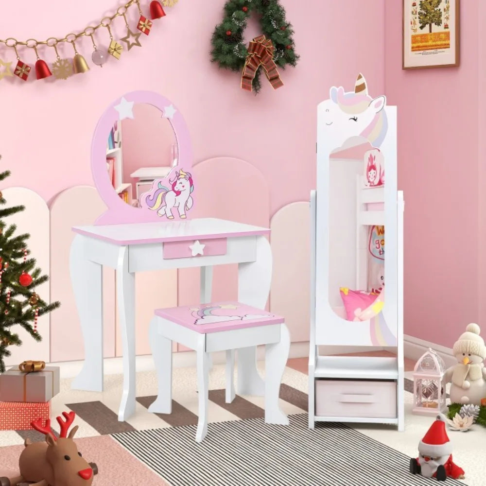 2-in-1 Kids Jewelry Organizer Armoire Cabinet w/Storage and Full-Length Mirror