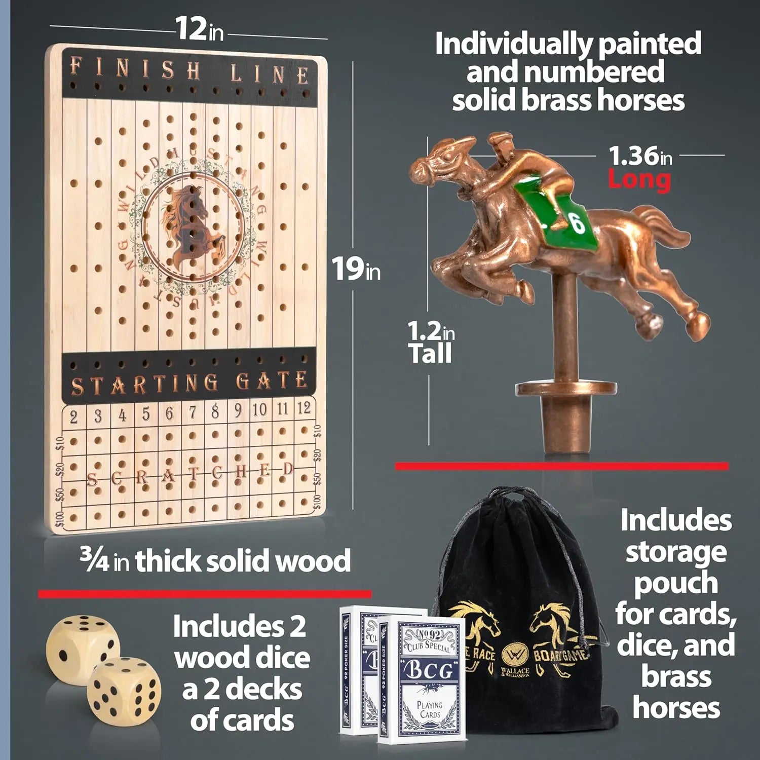 New Metal Horse Race Board Game with 11 Horses, Dice, Cards, Wooden Chessboard - Adult Family Party Game