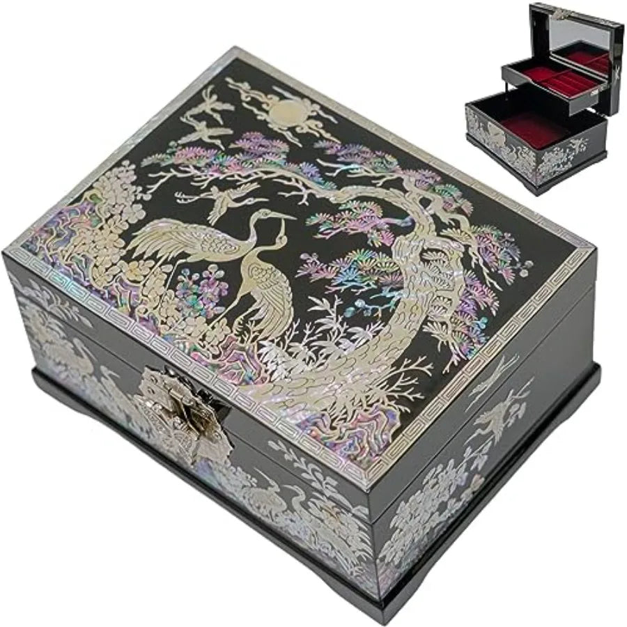 Mother-of-Pearl Crane Jewelry Box Wooden Make Two-Layer Velvet Interior Mirror Lid Lacquer Finish Handmade Korean Art Valentine