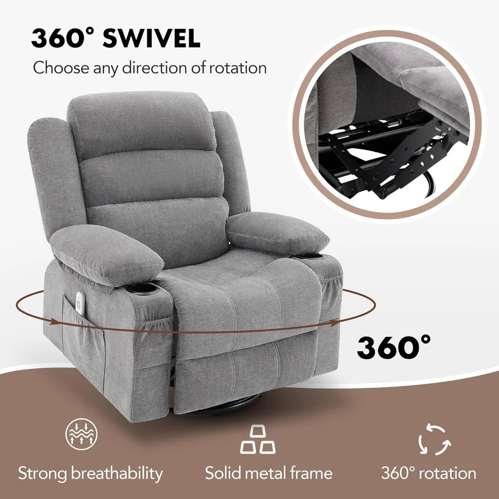 Rocker Recliner Chair with Heat and Massage, 360° Swivel Recliner Chairs for Adults, Oversized Recliner Single Sofa Seat with Cu
