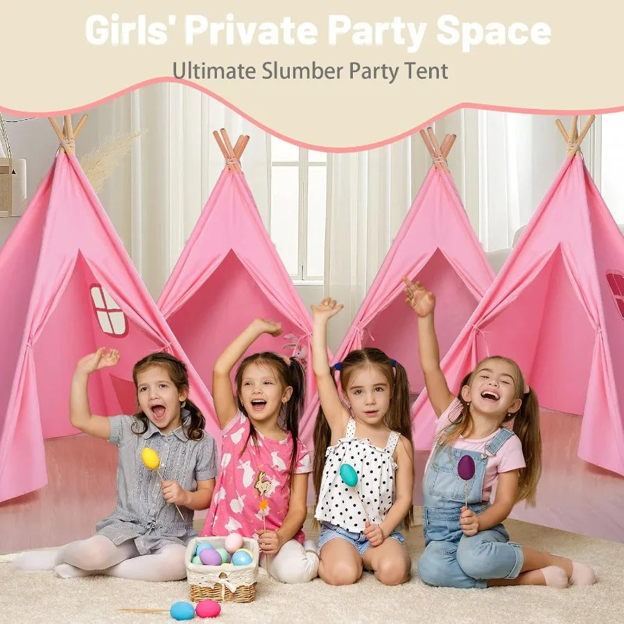 4 Pack Pink Foldable Teepee Tent for Indoor Play Sleepover Tent with Star Lights Portable Toddler Slumber Party Tent Gift