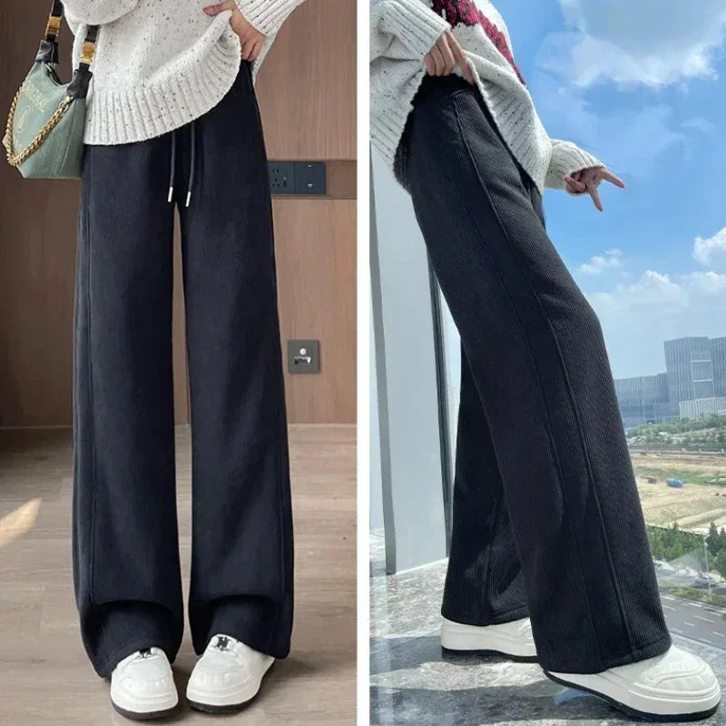 Winter Fleece Thickened High Waist Warm Trousers for Women Solid Color Loose Elastic Waist Straight Casual Pants