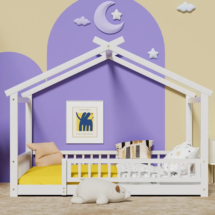 Twin House Bed with Fence Wooden Montessori Bed with Slats Support Floor Bed Frame for Boys Girls Bedroom White