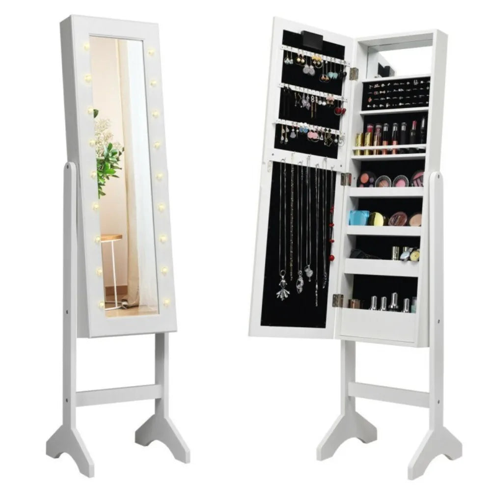 Jewelry Cabinet Armoire Storage Organizer Free Standing Full Mirror w/LED Lights