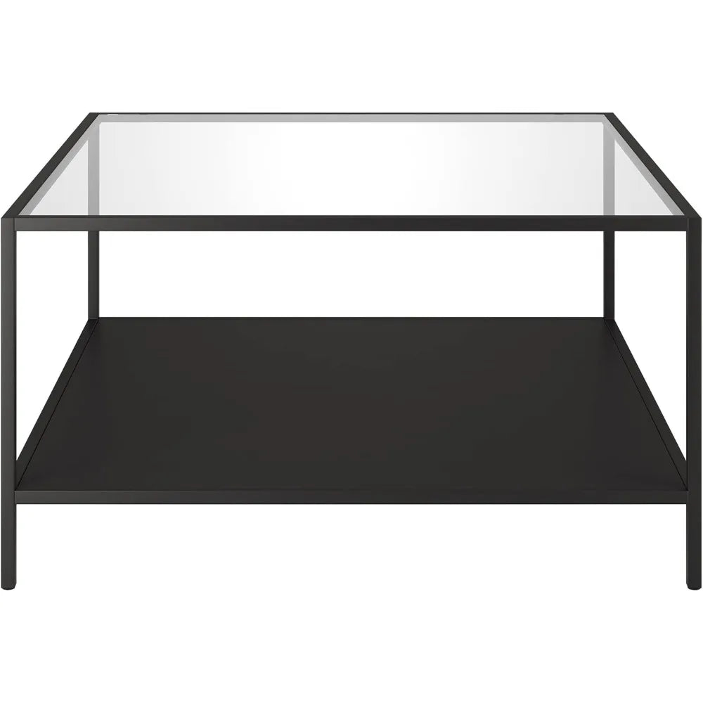 Square 32 Wide Coffee Table with Metal Shelf in Blackened Bronze, Modern coffee tables for living room, studio apartment.