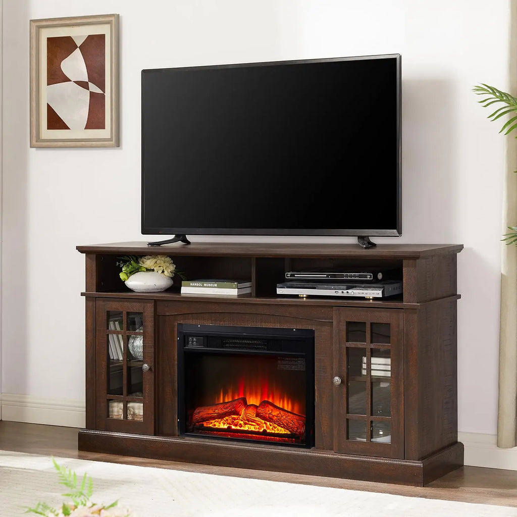 58" Farmhouse TV Stand with 23" Electric Fireplace Heater, Rustic Entertainment Center for TVs up to 65",, Customized