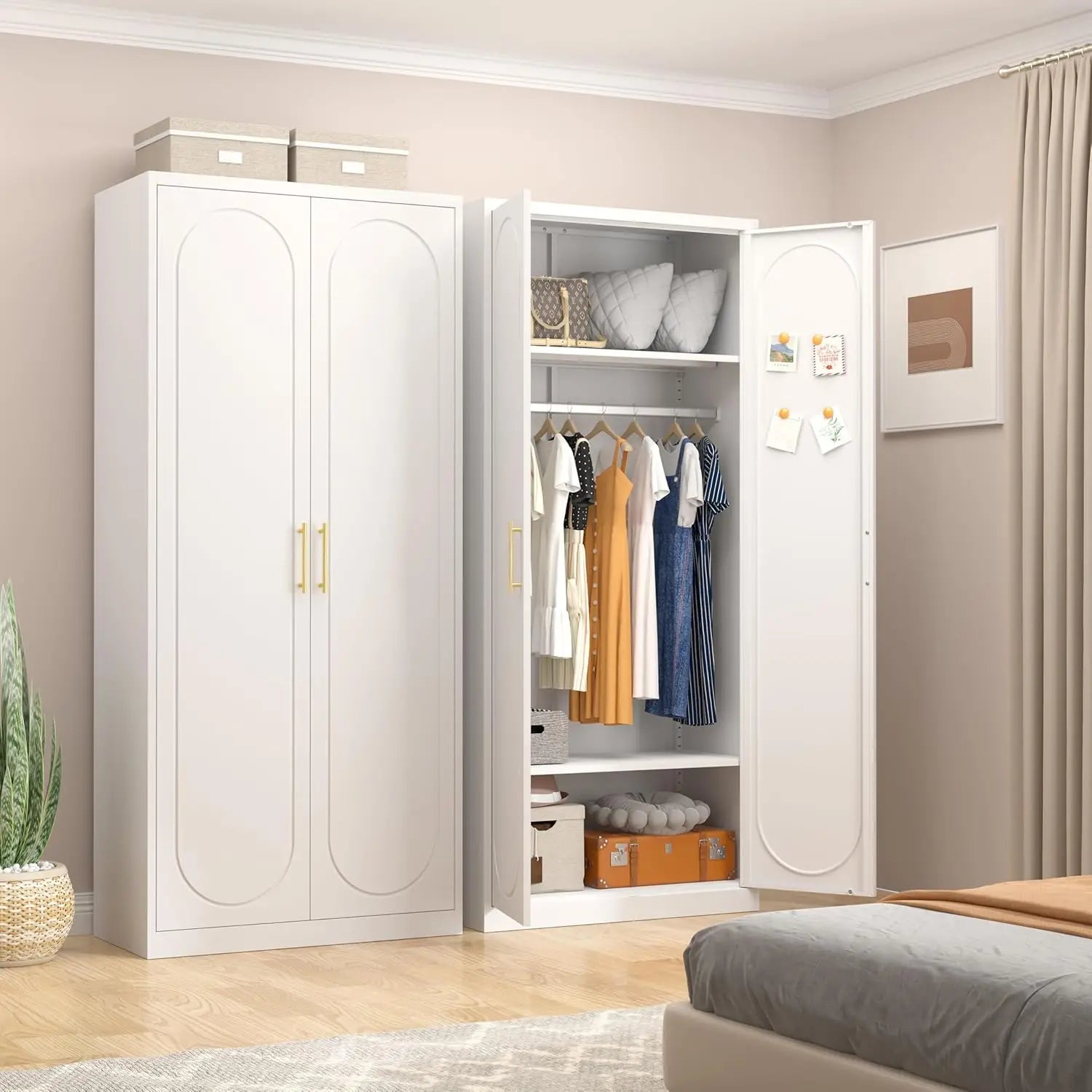 71' White Wardrobe with Doors, Hanging Rod & 2 Adjustable Shelves
