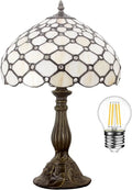 Tiffany Style Table Lamp with Stained Glass Beads, Cream Amber Shade for Bedroom Desk Reading Light 12x12x18 Inches