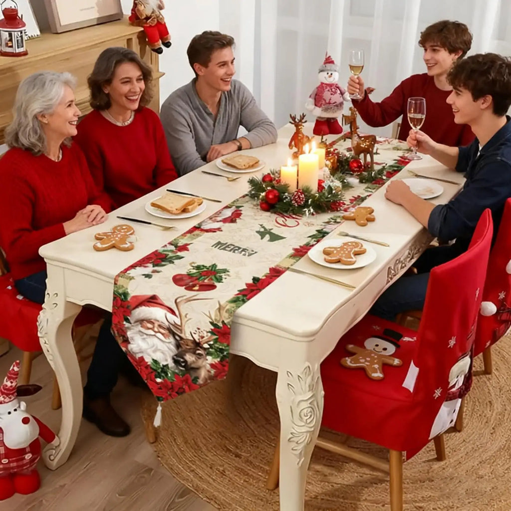 Christmas Table Runner 72 Inch Linen Tablecloth Gingerbread Man Santa Claus Winter Table Runner For Winter Party Decorations