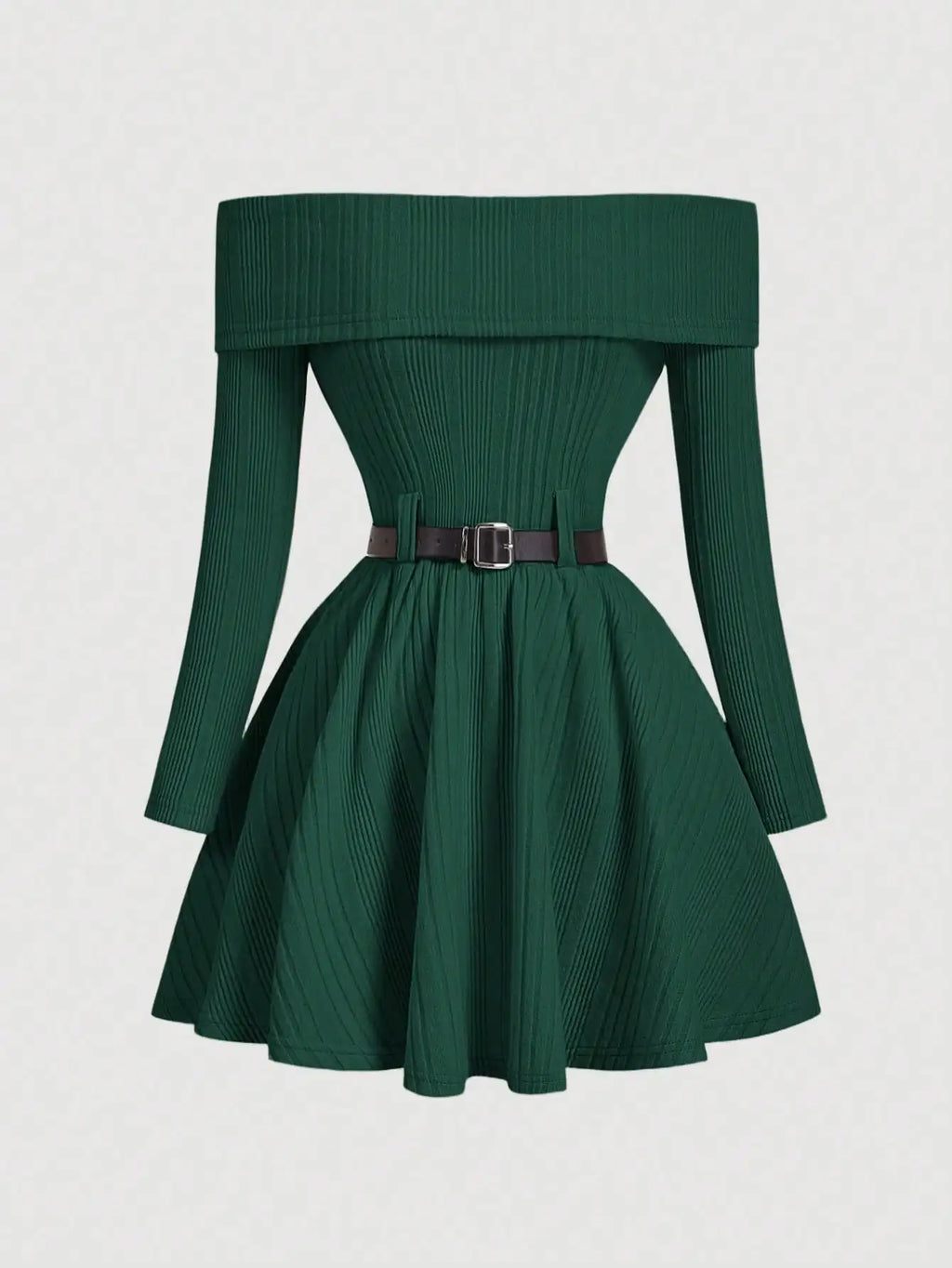 White Off-Shoulder Long Sleeve Knit Dress with Belted Waist and Flared Skirt