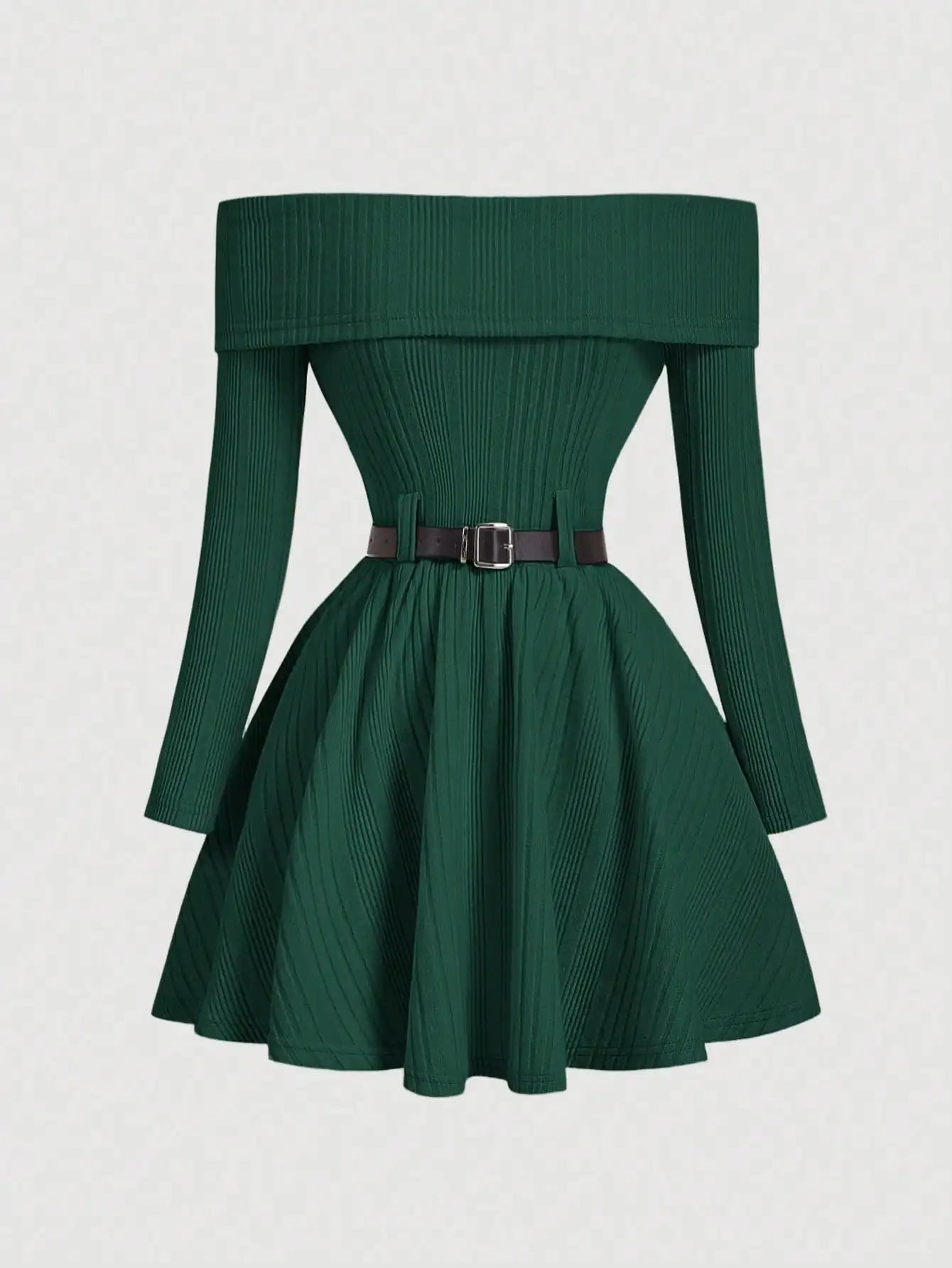 White Off-Shoulder Long Sleeve Knit Dress with Belted Waist and Flared Skirt