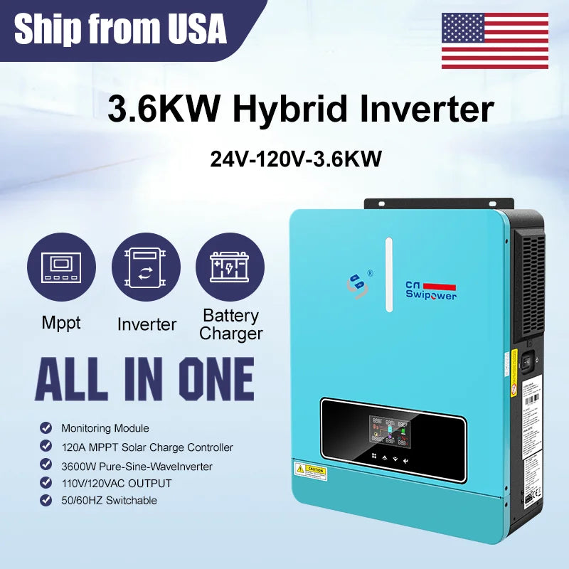 cnswipower SRC 4000VA 3600W Hybrid Solar Inverter pure sine wave inverter 120A MPPT 24VDC 120VAC for solar charger