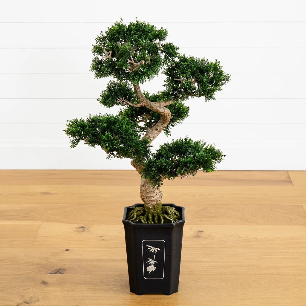 30" Artificial Cedar Bonsai Tree w/517 Lvs in Square Black Vase.
