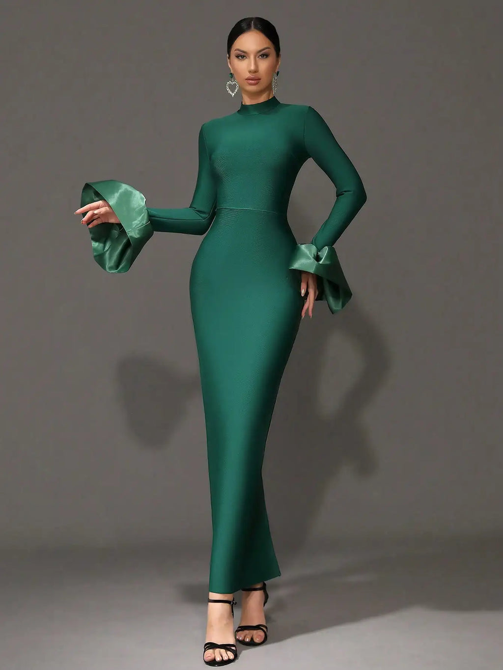 Emerald Green Long Sleeve High Neck Evening Dress with Flared Cuff and Mermaid Silhouette