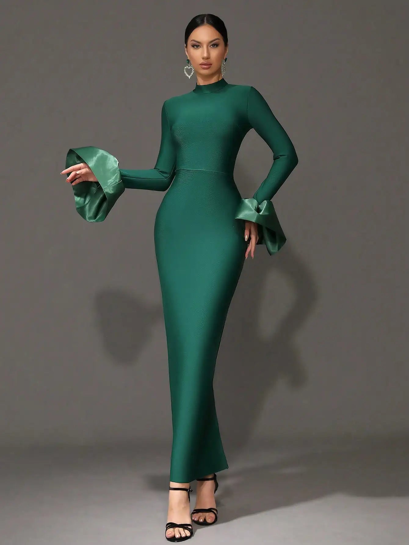 Emerald Green Long Sleeve High Neck Evening Dress with Flared Cuff and Mermaid Silhouette