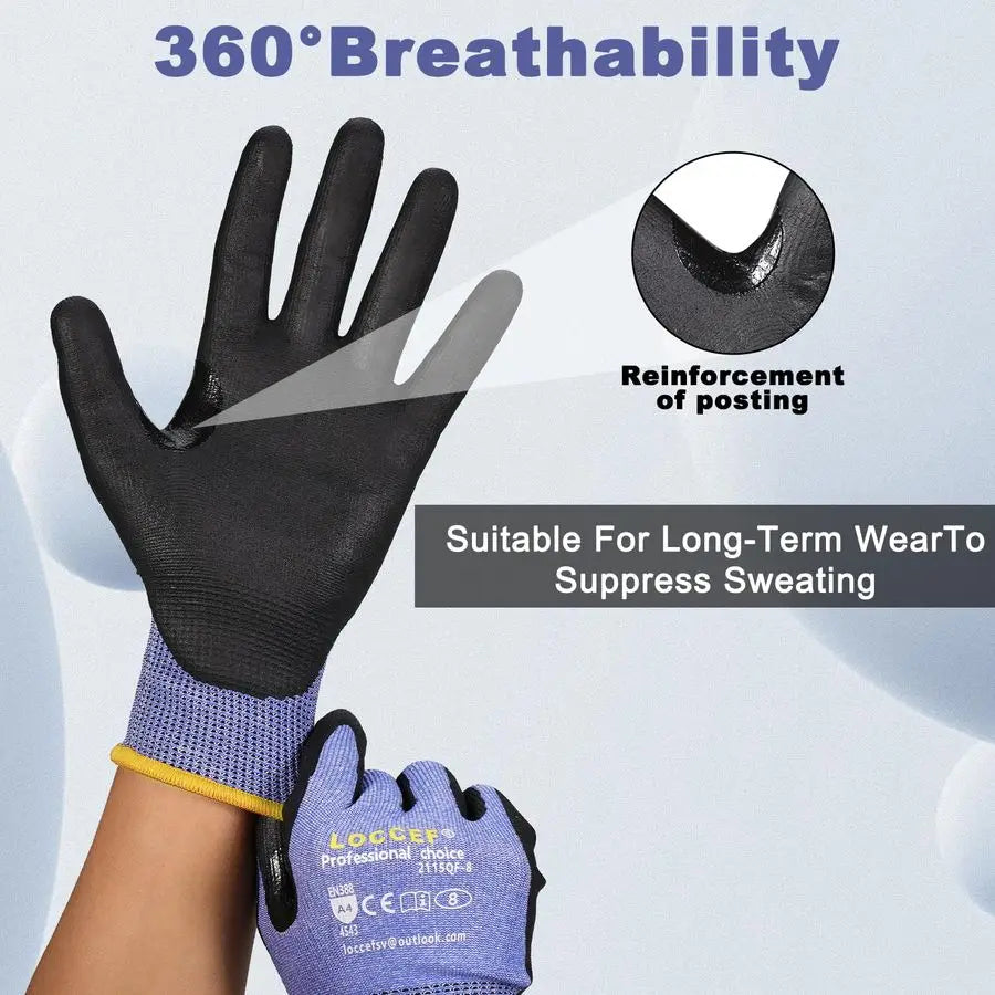 3 Pairs Safety Work Gloves,Touchscreen Compatible, Superior Dexterity,Level 5 A4 Cut Resistant Work Gloves
