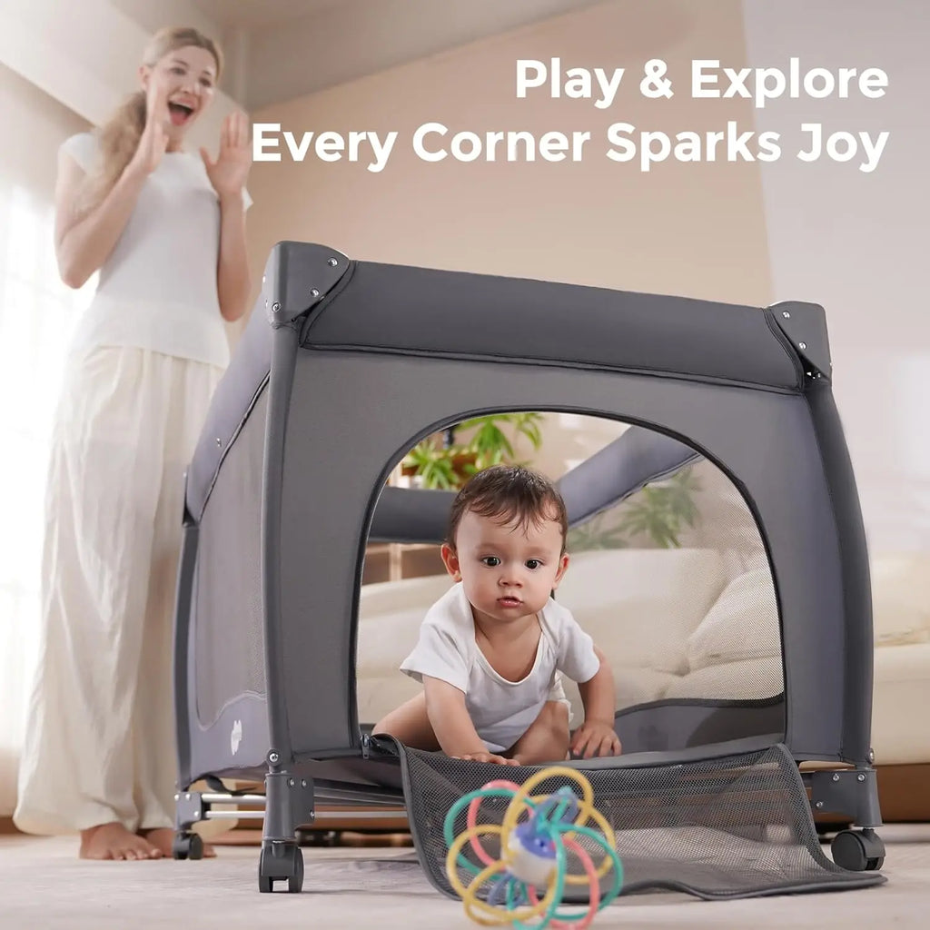 One-Step Fold 4-in-1 Portable Baby Crib with Bassinet, Mosquito Net, and Changing Table for Ages 0-3