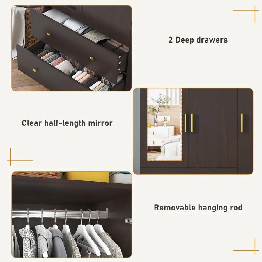 Doors Armoire Wardrobe Closet with Mirror, LED Armoire with Doors and Drawers, Wooden Wardrobe Storage Cabinet with Hanging Rod