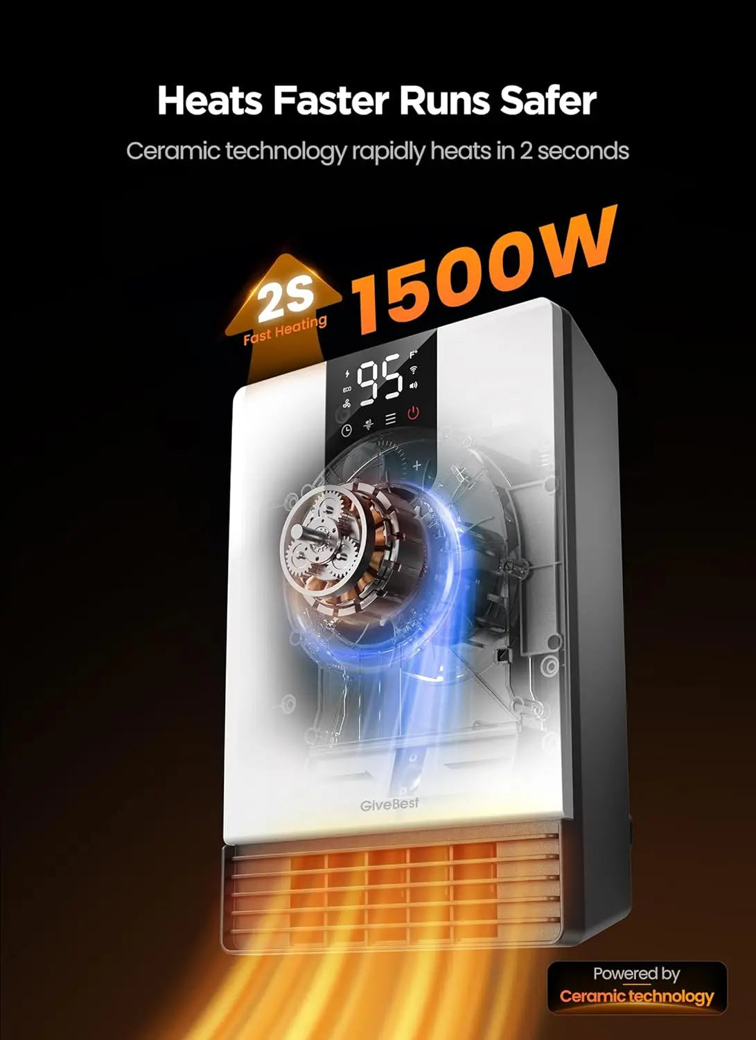 Wall Heater, 1500W Electric Space Heater, Adjustable Thermostat, 3 Modes, 24H Timer, Easy Mount, White