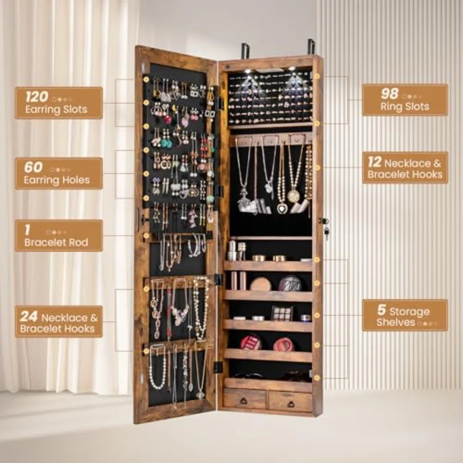 2 LEDs Full Length Mirror with Jewelry Armoire Jewelry Organizers and Storage with 2 Mounting Options 47.5 H Jewelry Cabinet wi