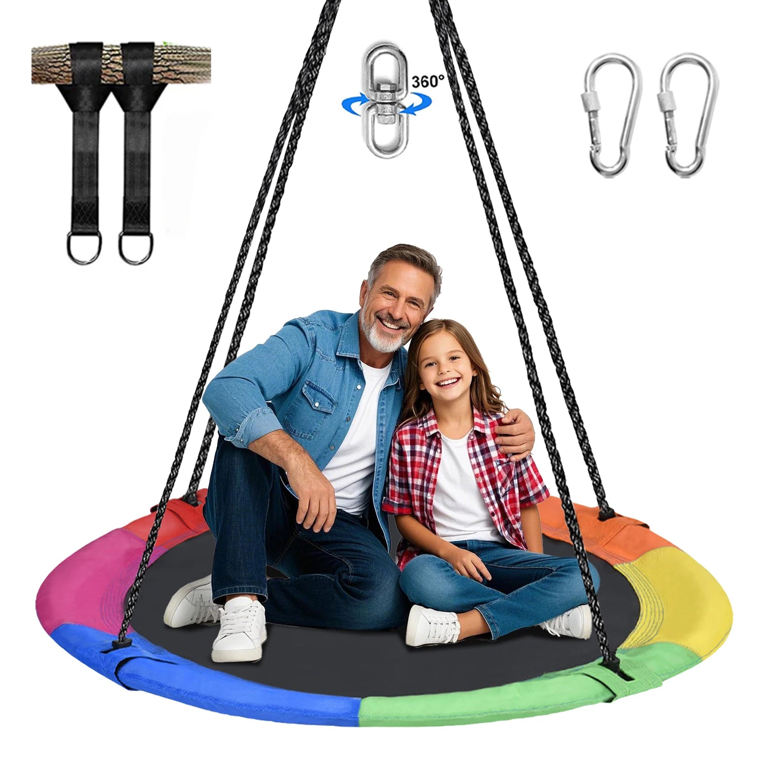 Hishine 43" Saucer Tree Swing for Kids, 360° Rotate Flying Saucer with Swivel, Hanging Straps, Adjustable Ropes, Round Mat Swing